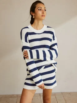 Striped Ribbed Sweater Shorts Set Shorts Sets|Shorts