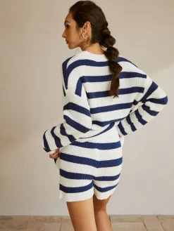 Striped Ribbed Sweater Shorts Set Shorts Sets|Shorts