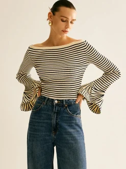 Outlet Striped Ruffle-Sleeve Knit Top Sweater Tops|Sweaters & Cardigans