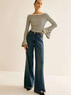 Outlet Striped Ruffle-Sleeve Knit Top Sweater Tops|Sweaters & Cardigans