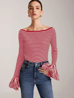 Outlet Striped Ruffle-Sleeve Knit Top Sweater Tops|Sweaters & Cardigans