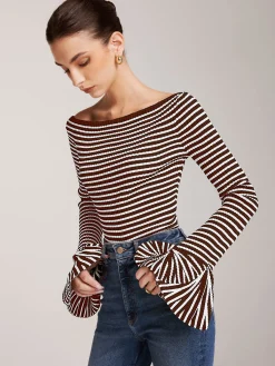Outlet Striped Ruffle-Sleeve Knit Top Sweater Tops|Sweaters & Cardigans