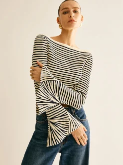 Outlet Striped Ruffle-Sleeve Knit Top Sweater Tops|Sweaters & Cardigans