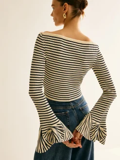 Outlet Striped Ruffle-Sleeve Knit Top Sweater Tops|Sweaters & Cardigans