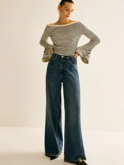Outlet Striped Ruffle-Sleeve Knit Top Sweater Tops|Sweaters & Cardigans