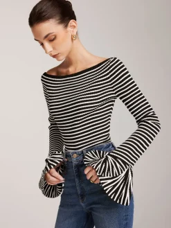 Outlet Striped Ruffle-Sleeve Knit Top Sweater Tops|Sweaters & Cardigans