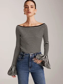 Outlet Striped Ruffle-Sleeve Knit Top Sweater Tops|Sweaters & Cardigans