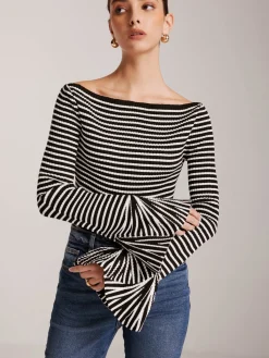 Outlet Striped Ruffle-Sleeve Knit Top Sweater Tops|Sweaters & Cardigans