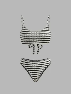Sale Striped Tie Back Bikini Set Swimwear|Tops