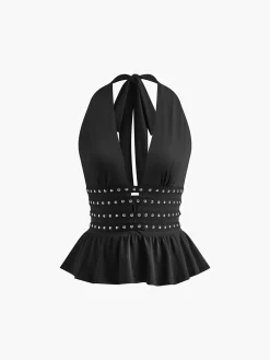 New Studded Detail Ruffle Halter Top Tank Tops & Camis|Tops