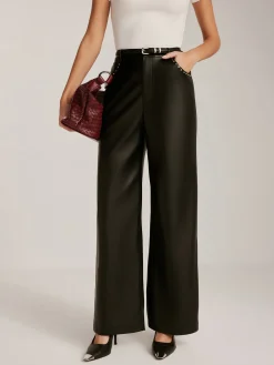 Online Studded-Decor PU Leather Straight Pants Pants|Bottoms