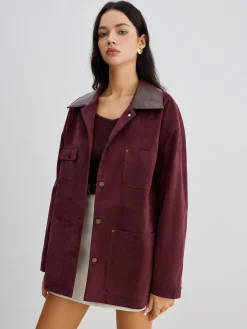 Sale Suede Contrast Collar Pockets Jacket Outerwear|Jackets