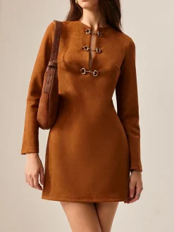 Hot Suede Metal-Detail Short Dress Casual Dresses|Work Dresses