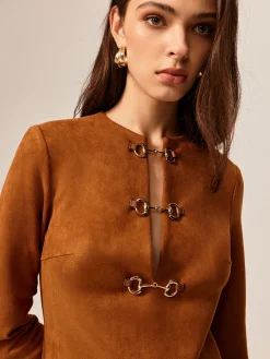Hot Suede Metal-Detail Short Dress Casual Dresses|Work Dresses