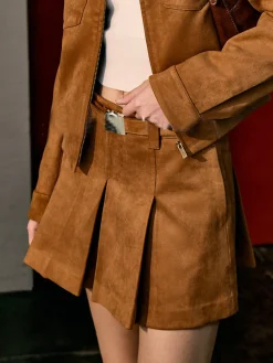 Sale Suede Pleated Pockets Skirt With Belt Skirts|Matching Sets