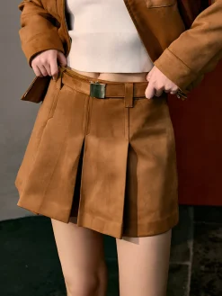 Sale Suede Pleated Pockets Skirt With Belt Skirts|Matching Sets