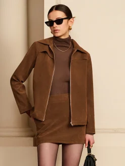 Best Suede Zipper Jacket With Shoulder Pads Outerwear|Jackets