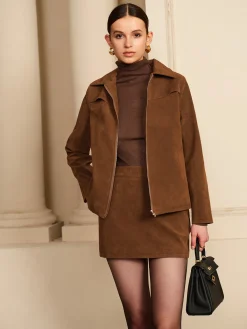 Best Suede Zipper Jacket With Shoulder Pads Outerwear|Jackets