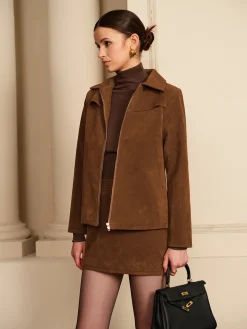 Best Suede Zipper Jacket With Shoulder Pads Outerwear|Jackets