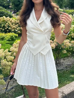 Sale Suit Waistcoat With Pleated Mini Skirt Set Skirt Sets|Long Sleeve Sets