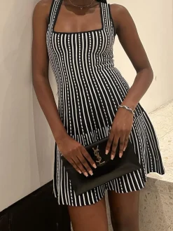 Online Summer Contrast Trim Striped Short Dress Black Dresses|Casual Dresses