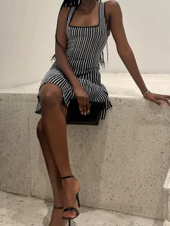 Online Summer Contrast Trim Striped Short Dress Black Dresses|Casual Dresses