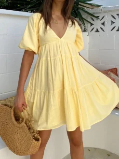 Online Sunshine Zippered Plunge Skater Short Dress Casual Dresses|Vacation Dresses