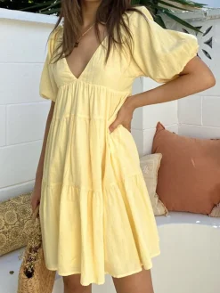 Online Sunshine Zippered Plunge Skater Short Dress Casual Dresses|Vacation Dresses