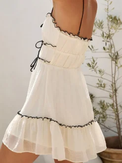 Best Sweetheart Flowy Tie-Front Short Dress White Dresses|Casual Dresses