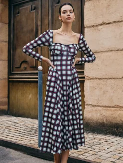 Sweetheart Plaid Pleated Dress Casual Dresses|Long Dresses