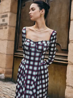 Sweetheart Plaid Pleated Dress Casual Dresses|Long Dresses