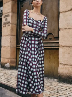 Sweetheart Plaid Pleated Dress Casual Dresses|Long Dresses