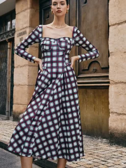 Sweetheart Plaid Pleated Dress Casual Dresses|Long Dresses