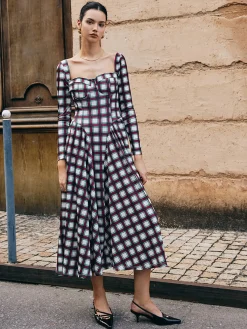 Sweetheart Plaid Pleated Dress Casual Dresses|Long Dresses