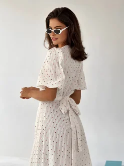 Online Sweetheart Textured Knotted Midi Dress White Dresses|Work Dresses