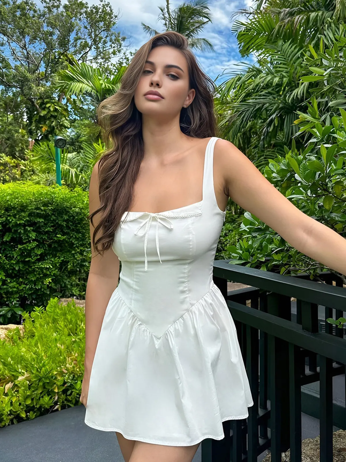 Sale Sweetie Bow Decor Cami Short Dress White Dresses|Casual Dresses