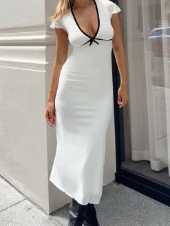 Sale Sweetie Contrast Trim Midi Dress White Dresses|Casual Dresses