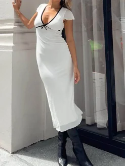 Sale Sweetie Contrast Trim Midi Dress White Dresses|Casual Dresses