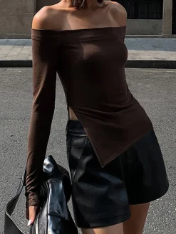 Hot Terracotta Off Shoulder Long Sleeve Shirt T-shirts|Tops