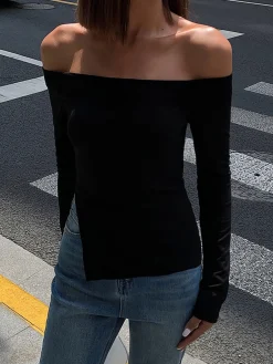 Hot Terracotta Off Shoulder Long Sleeve Shirt T-shirts|Tops