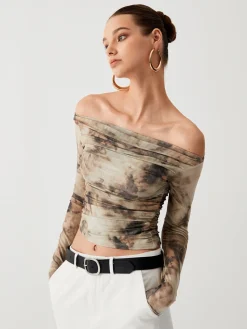 Clearance Terracotta Tulle Mesh Off Shoulder Long Sleeve Crop Top Crop Tops|T-shirts