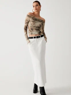 Clearance Terracotta Tulle Mesh Off Shoulder Long Sleeve Crop Top Crop Tops|T-shirts
