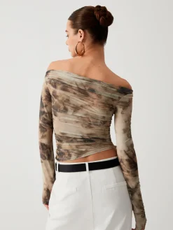 Clearance Terracotta Tulle Mesh Off Shoulder Long Sleeve Crop Top Crop Tops|T-shirts