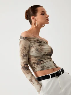 Clearance Terracotta Tulle Mesh Off Shoulder Long Sleeve Crop Top Crop Tops|T-shirts