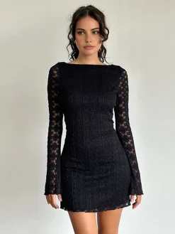 Textured Lace Short Dress Black Dresses|Casual Dresses