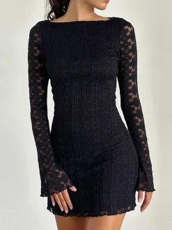 Textured Lace Short Dress Black Dresses|Casual Dresses