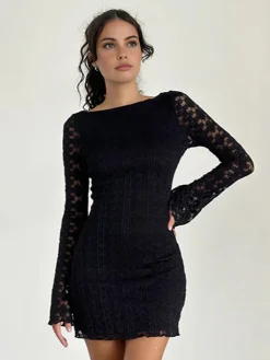 Textured Lace Short Dress Black Dresses|Casual Dresses