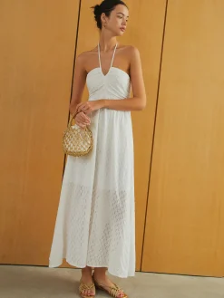 Sale Textured Shirred Halter Knotted Vacation Long Dress White Dresses|Casual Dresses