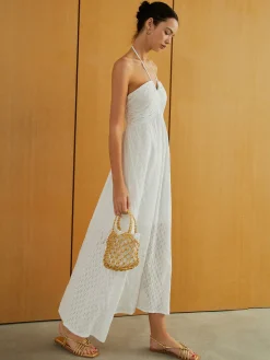 Sale Textured Shirred Halter Knotted Vacation Long Dress White Dresses|Casual Dresses