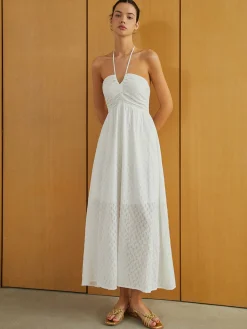 Sale Textured Shirred Halter Knotted Vacation Long Dress White Dresses|Casual Dresses